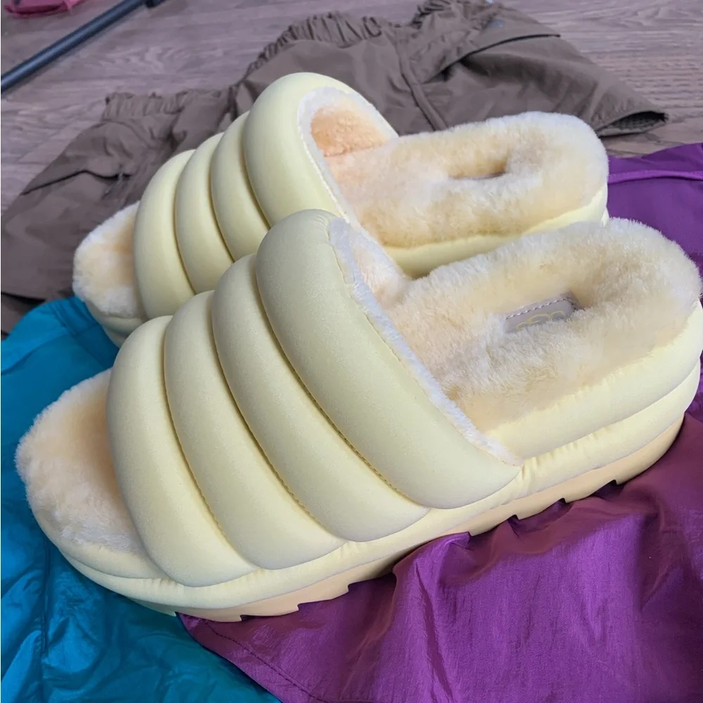 UGG Butter Yellow Sheepskin Fur Puff Maxi Slide Platform Shoes